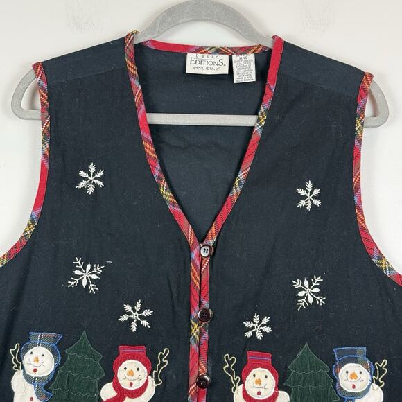 Vtg Basic Editions Christmas Sweater Vest Womens XL Snowmen Embroidered Sequin - Picture 2 of 7
